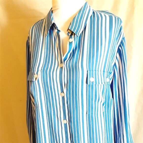Jones New York Signature Shirt 1X Blue Stripe Button Front Long Roll Tab Sleeve - Picture 2 of 4